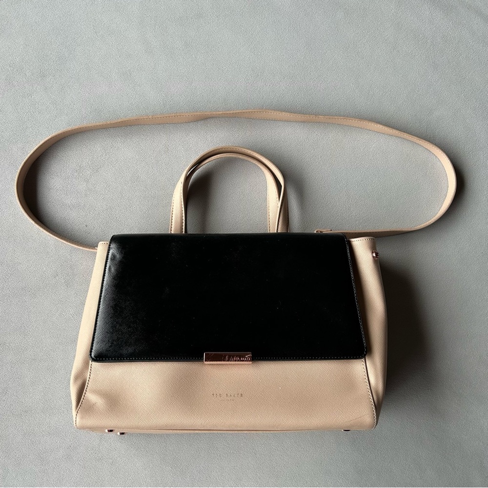 Ted Baker ~ Dadelph ~ Zipped Top Tote Bag ~ Taupe with Black Front Flap